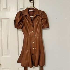 Alice + Olivia Ofra Brown Vegab Leather Puff Sleeve Button Up Dress